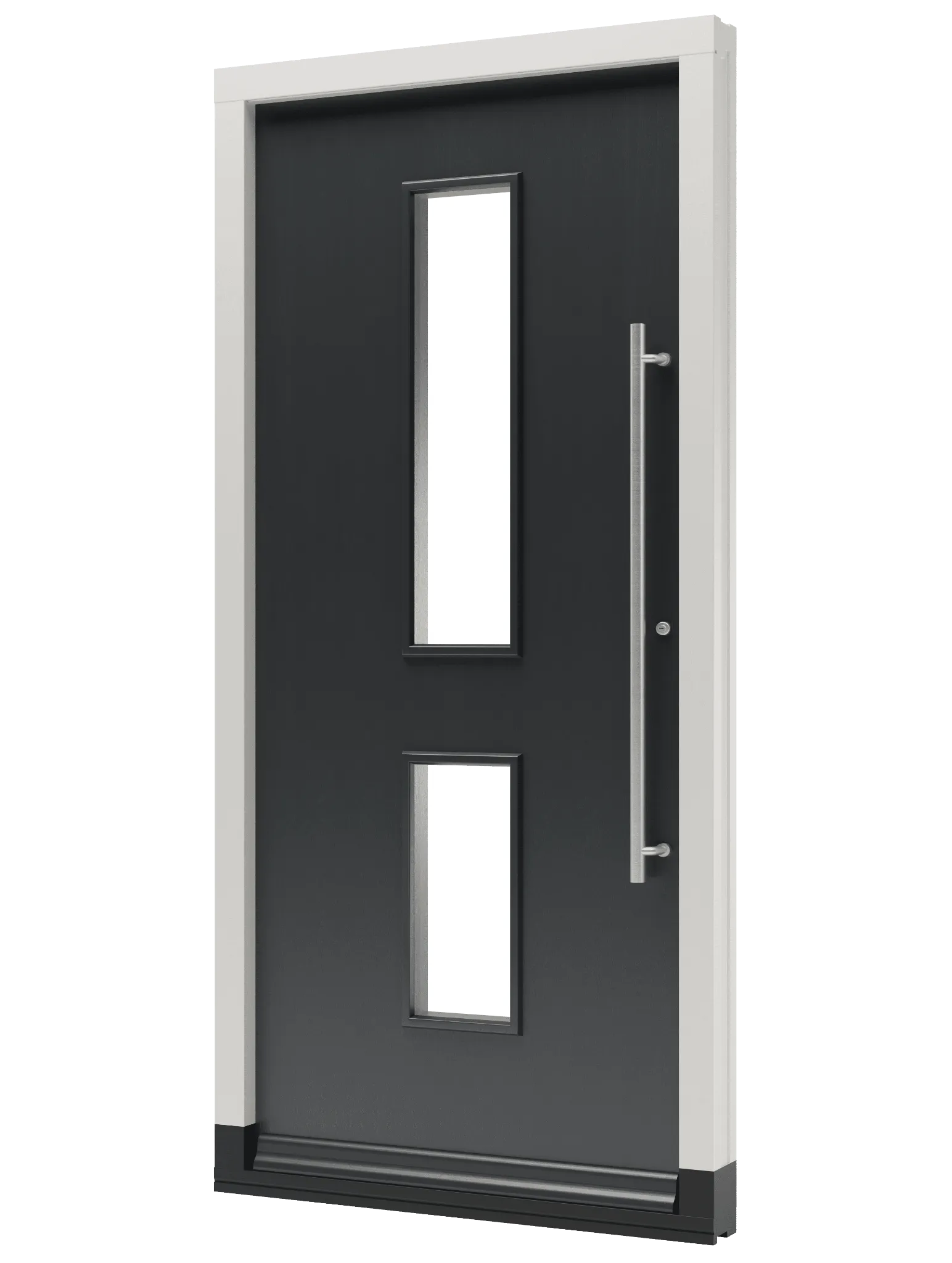 Houten voordeur TH04 met twee velden van glas en een korte handgreep