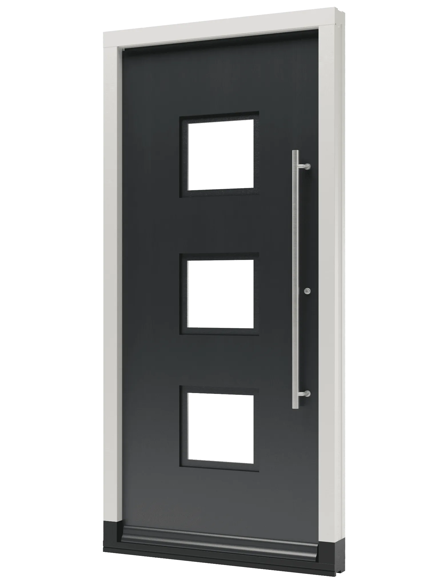 Houten voordeur met drie vlakken glas en een korte handgreep